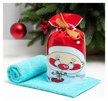 Полотенце махровое экономь и Я "Дед мороз" 30*60 см, цв. голубой, 70% хл., 30% бамбук, 340 г/м2 9177