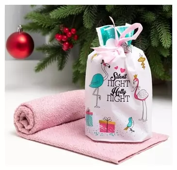 Полотенце махровое экономь и Я "Новогодний фламинго" 30*60 см, цв. розовый, 70% хл., 30% бамбук, 340