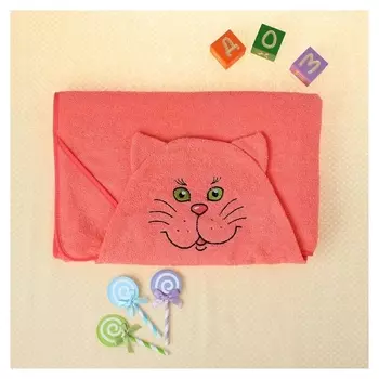 Полотенце-накидка махровое «Котик», размер 75×125 см, цвет персиковый, хлопок, 300 г/м²