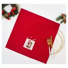 Полотенце новогоднее, размер льняное котёнок красный 42х42 см