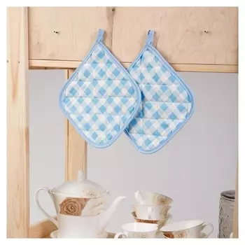 Прихватка «Клетка» 18х18 см, цвет голубой, рогожка