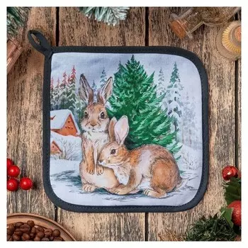 Прихватка "Новогодние зайчики" саржа, 19х19 см,100% х/л, ватин 250г/м2