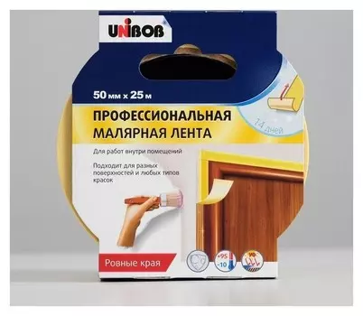 Профессиональная малярная лента Unibob для внутренних работ 50мм х 25м желтая