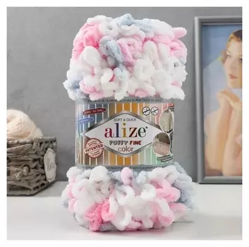 Пряжа "Puffy Fine Color" 100% микрополиэстер 14,5м/100гр (5945 бел-сер-роз)