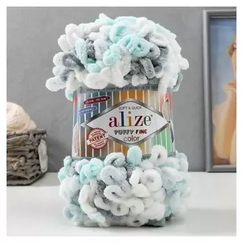 Пряжа "Puffy Fine Color" 100% микрополиэстер 14м/100гр (5939 бело-бирюзов)