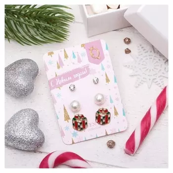 Пусеты 3 пары "Новогоднее" подарок, цветные