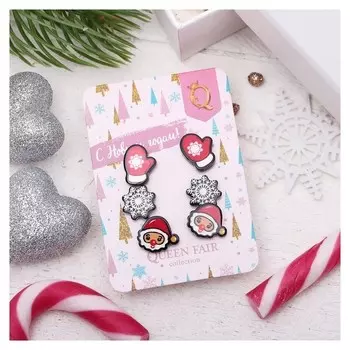 Пусеты 3 пары "Новогоднее" снежинка, дед мороз, варежка, цветные