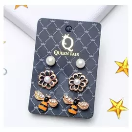 Пусеты 3 пары "Пчёлка и цветок", цвет чёрно-жёлтый в золоте