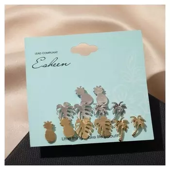 Пусеты 6 пар "Пляж" растения, цвет золотисто-серебрянный