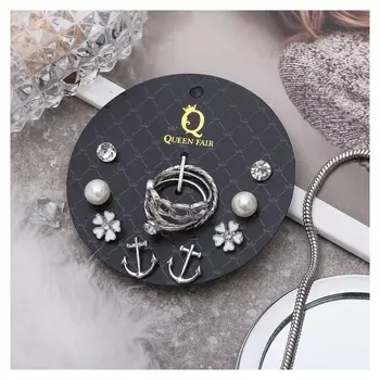 Пусеты с кольцами "Настроение" якорь и цветы, цвет белый в серебре