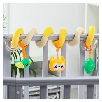 Растяжка - спираль мягкая с погремушкой на кроватку/коляску «Лесные зверята», р-р 24-86