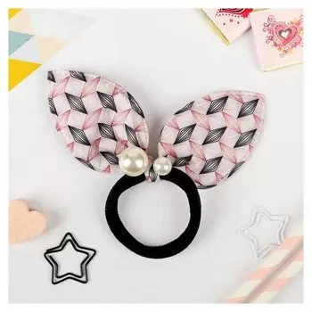 Резинка для волос "Ушки с бусинками" 7 см, ромбики, розовый