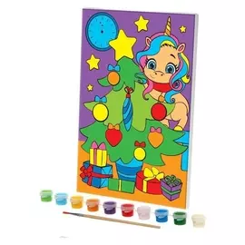 Роспись по холсту «Единорожка у ёлки» 20х30