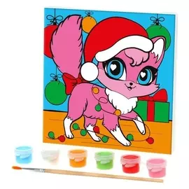 Роспись по холсту «Кошечка в гирлянде» 15х15