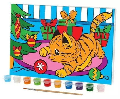 Роспись по холсту «Котёнок с шариком» 20х30