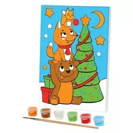 Роспись по холсту «Зверята у ёлки» 15х21