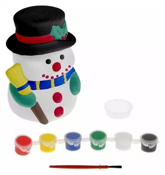 Роспись по керамике — копилка «Снеговик с метлой» + краски 6 цветов по 3 мл, кисть