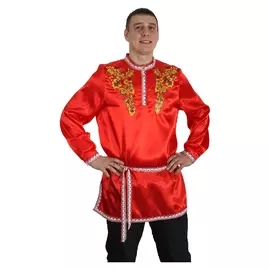 Рубаха русская мужская "Хохлома. цветы", атлас, р-р 56-58, цвет красный