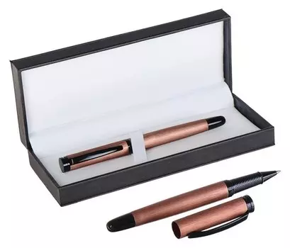 Ручка подарочная шариковая в кожзам футляре NEW корпус розовое золото с черными вставками