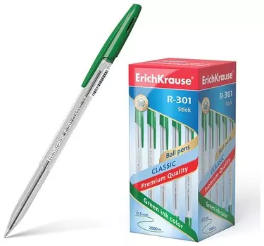 Ручка шариковая Erich Krause "R-301 Classic", зеленая, корпус прозрачный, узел 1 мм, линия письма 0,5 мм