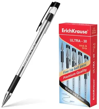 Ручка шариковая масляная с грипом Erich Krause "Ultra-30", черная, корпус прозрачный, узел 0,7 мм, линия письма 0,26 мм