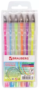 Ручки гелевые Brauberg "Jet", набор 6 цветов, пастельные, узел 0,7 мм, линия письма 0,5 мм, 141033