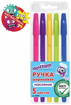 Ручки шариковые масляные юнландия, набор 5 шт., 5 цветов, "Антибактериальные", узел 0,7 мм, линия письма 0,35 мм, 143349, Obp384