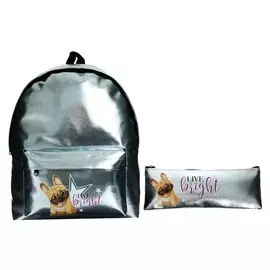 Рюкзак молодёжный 38*30*11 дев + пенал-косметичка голография "Бульдог"