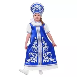Русский костюм для девочки: платье с кокеткой, кокошник, р-р 64, рост 122-128 см, цвет синий
