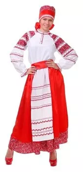Русский женский костюм, блузка, юбка с фартуком, сорока, цвет красный, р-р 44, рост 172 см