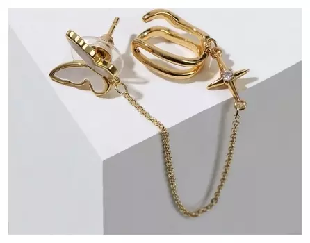 Серьга "Каффа" бабочка летящая, цвет белый в золоте