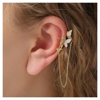 Серьга "Каффа" объёмная бабочка с цепочкой, цвет белый в золоте