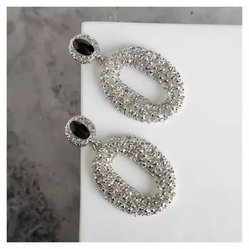 Серьги эмаль "Море" овал, цвет чёрный в серебре