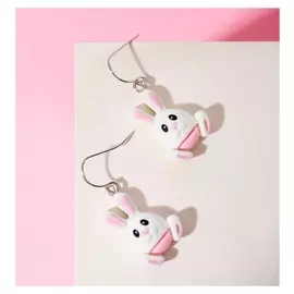 Серьги детские "Выбражулька" зайчики, цвет бело-розовый в серебре