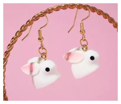 Серьги детские "Выбражулька" зайчики, цвет бело-розовый в золоте