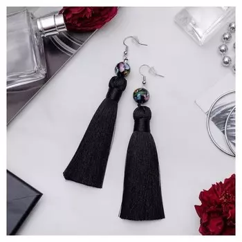 Серьги "Кисти" муранское стекло, цвет чёрный, L кисти 8,5 см