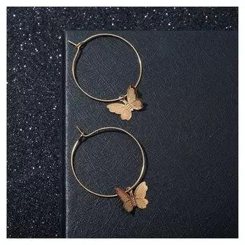Серьги-кольца "Бабочки на кольце", цвет золото, D=3 см