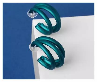 Серьги-кольца "Боттега" тройные, цвет изумрудный