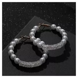 Серьги-кольца "Бриз" крупные бусины, цвет белый в золоте