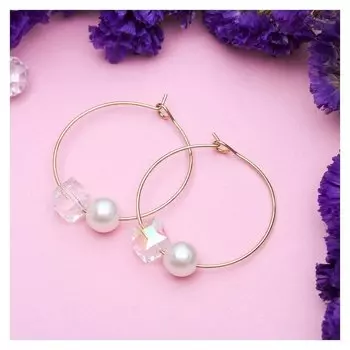 Серьги-кольца "Бусина" с ромбом, d=6 см, цвет белый в золоте