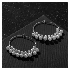 Серьги-кольца "Карелия" диск с бусинами, цвет белый в серебре, D=4