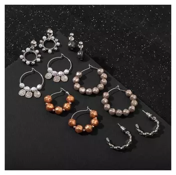 Серьги-кольца набор 6 пар "Жемчужные", цветные в серебре