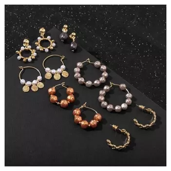 Серьги-кольца набор 6 пар "Жемчужные", цветные в золоте