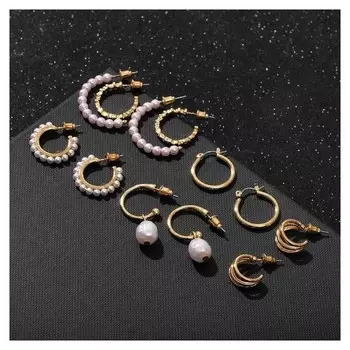 Серьги-кольца набор 6 пар "Жемчужные" настроение, цвет белый в золоте