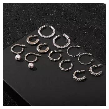 Серьги-кольца набор 6 пар "Жемчужные" с подвесками, цвет белый в серебре