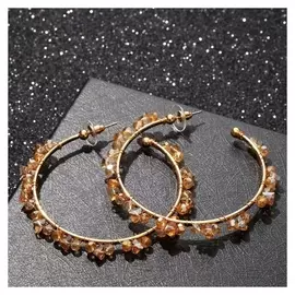 Серьги-кольца "Природа" кристаллы бусинки, D=6 см, цвет коричнево-бежевый в золоте