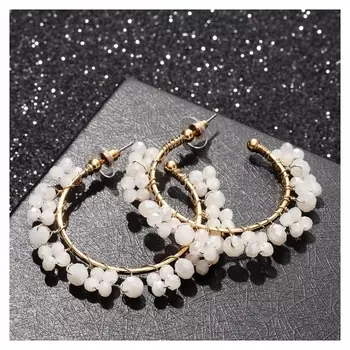 Серьги-кольца "Природа" кристаллы бусины, D=6 см, цвет белый в золоте