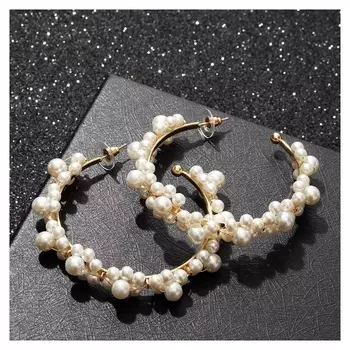 Серьги-кольца "Природа" шарики жемчуга, D=6,5 см, цвет белый в золоте