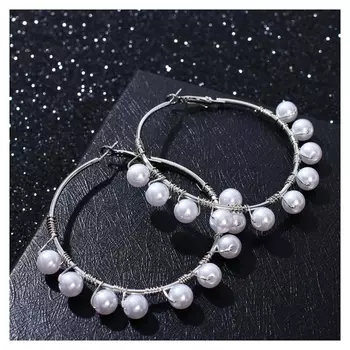 Серьги-кольца "Жемчужная кармелита" танго, цвет белый в серебре, D=5.5