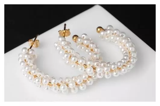 Серьги-кольца "Жемчужные", D=3,5, цвет белый в золоте